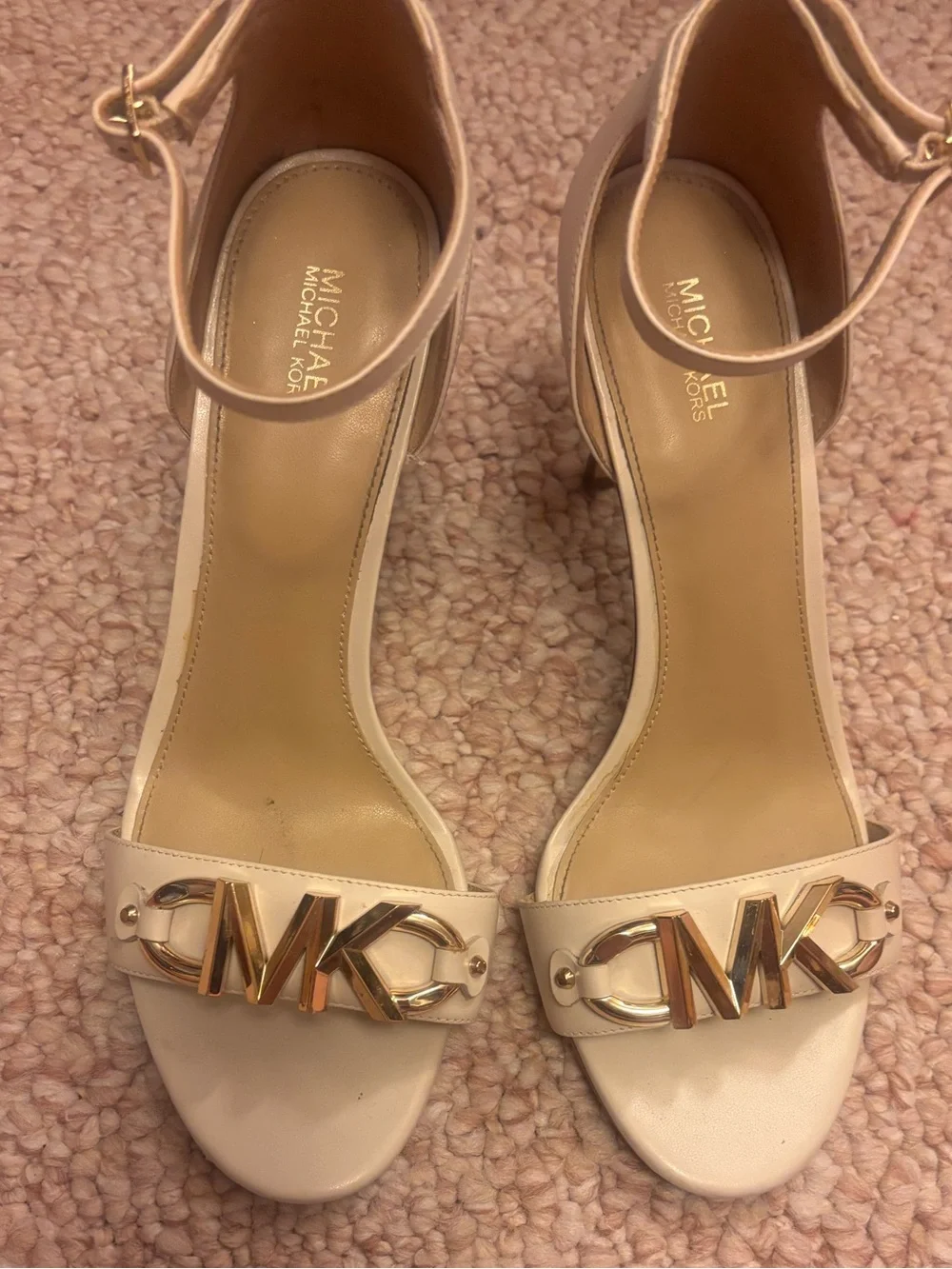 MICHAEL Michael Kors Cream Ankle-Strap Heels with Gold MK Logo